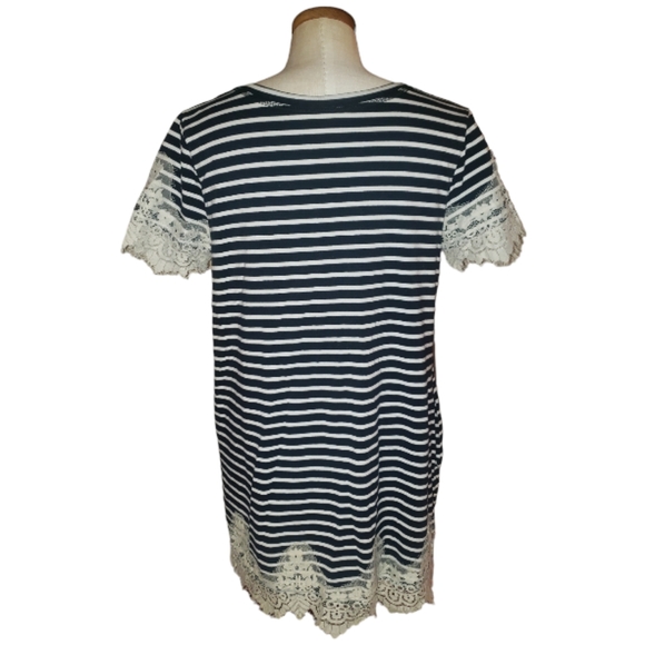 Umgee Black White Stripes Floral Lace Trim Scoopneck Pockets Mini Shift Dress M - Picture 5 of 16